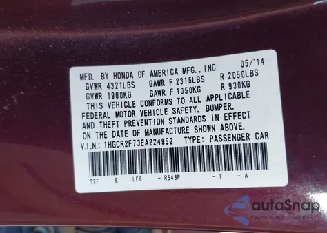 2014 Honda Accord Ex z USA, uszkodzony, nr VIN 1HGCR2F73EA224952